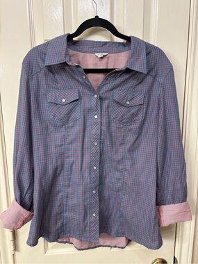 Guess Women’s Blue and Red Check Button-Down Shirt Pearl Snaps Rodeocore